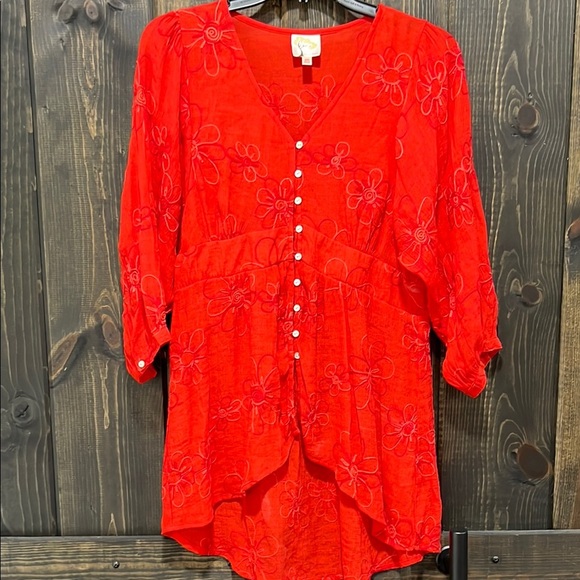 fig and flower Tops - Fig and Flower Boho Embroidered Babydoll Top M Red Floral Boho Peasant Y2K Retro